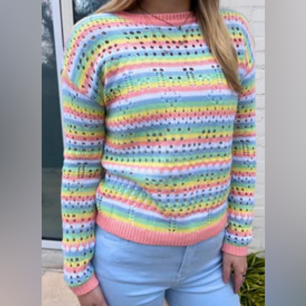 Pastel Multicolor Open Knit Crewneck Sweater Women’s Size XS Twee Girly Spring
